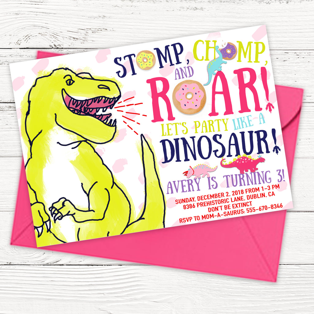 Girl Dinosaurs and Donuts Birthday Party Invitation