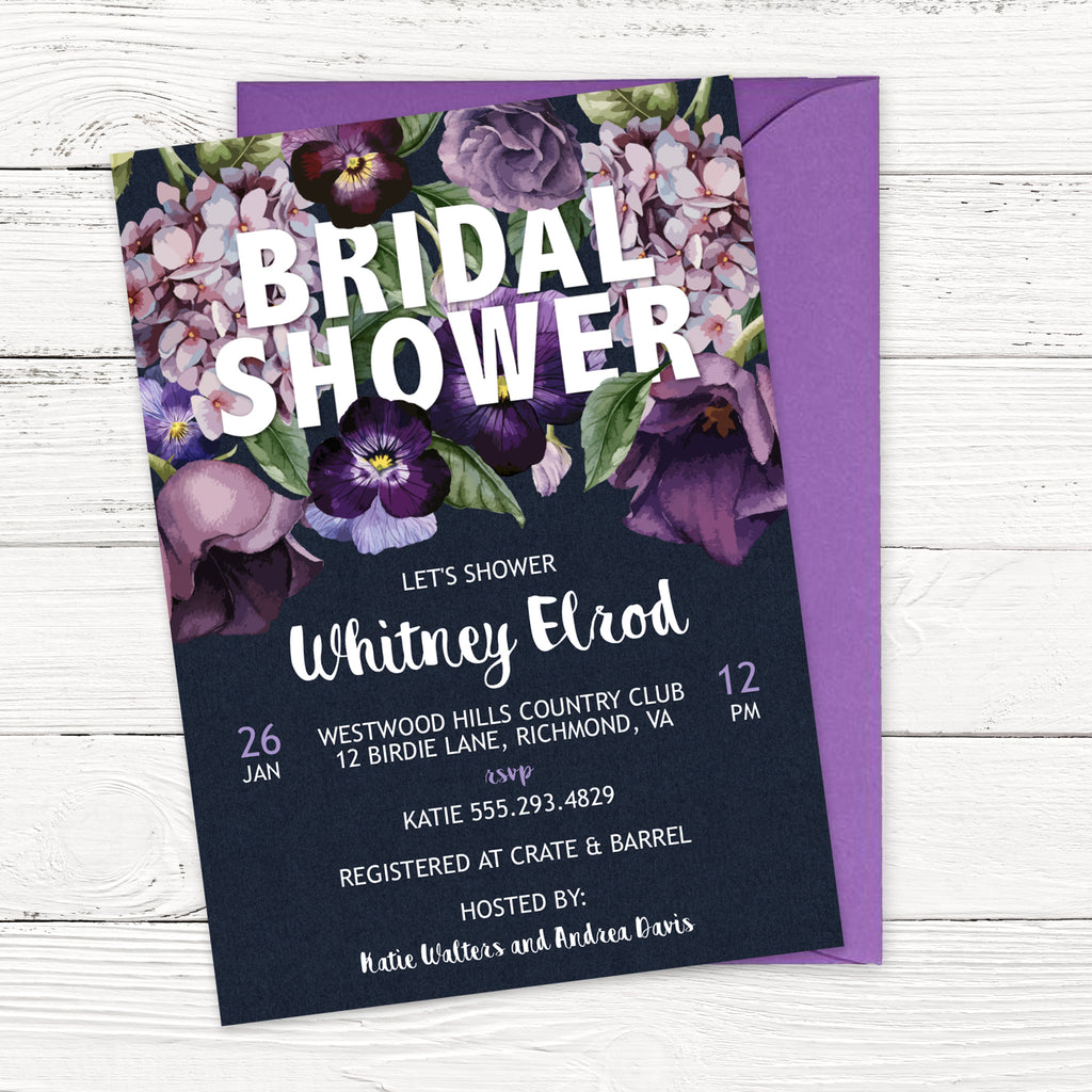 Purple Winter Flowers Bridal Shower Invitation