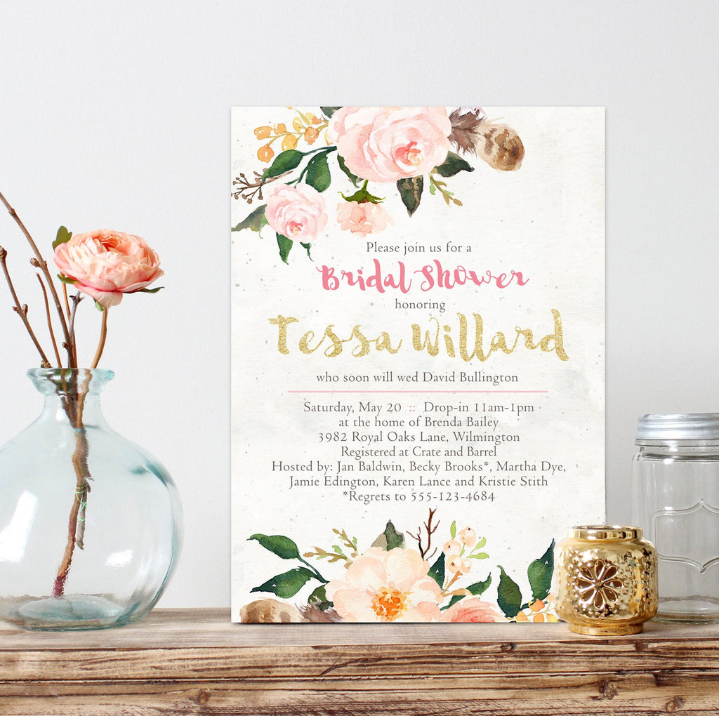FREE Watercolor Rose Bridal Shower Invitation Template