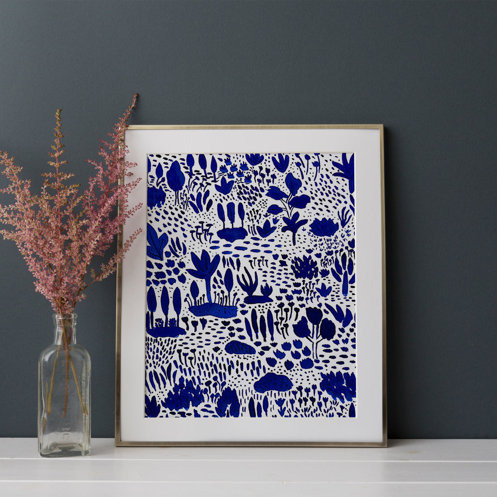 Blue and White Plant Artwork