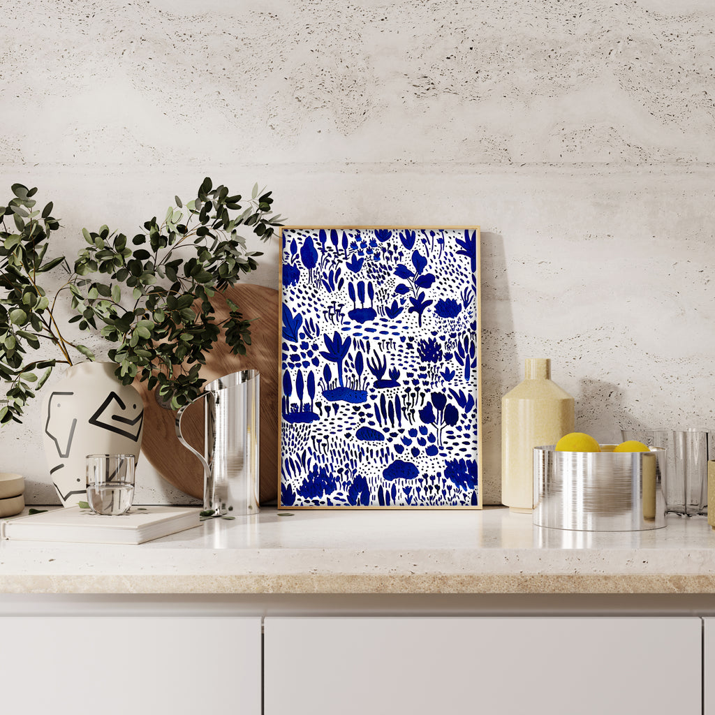 Blue and White Plant Artwork