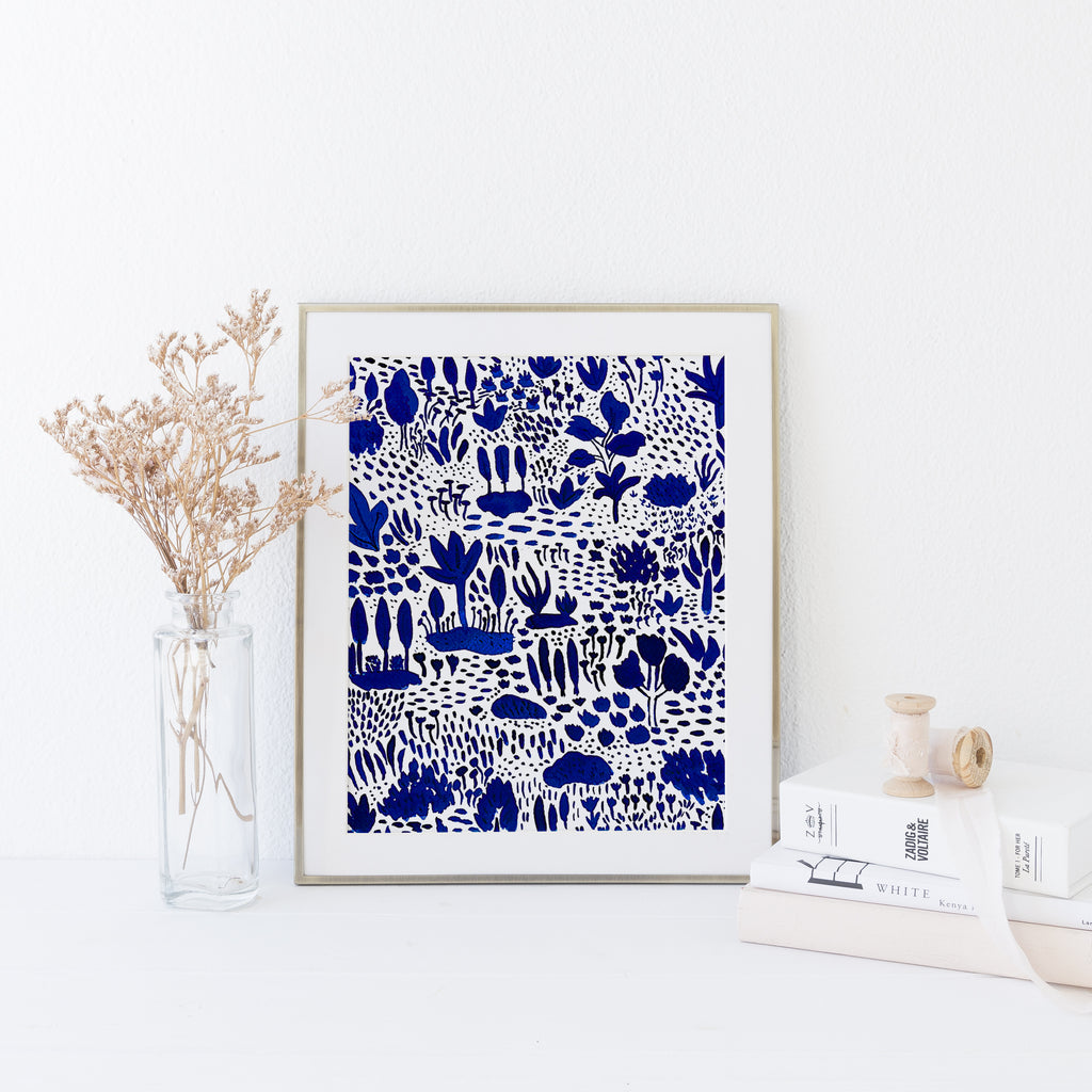 Blue and White Plant Artwork