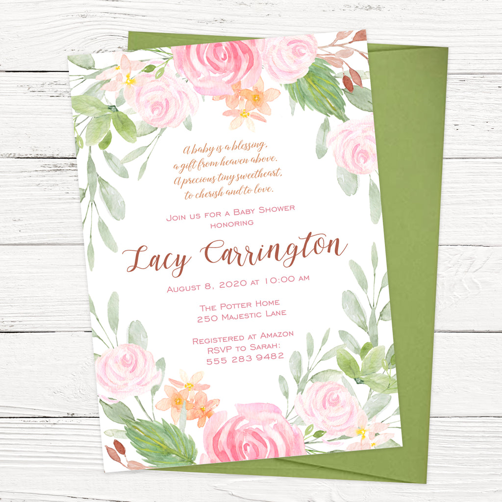 Blush Pink Floral Baby Shower Invitation