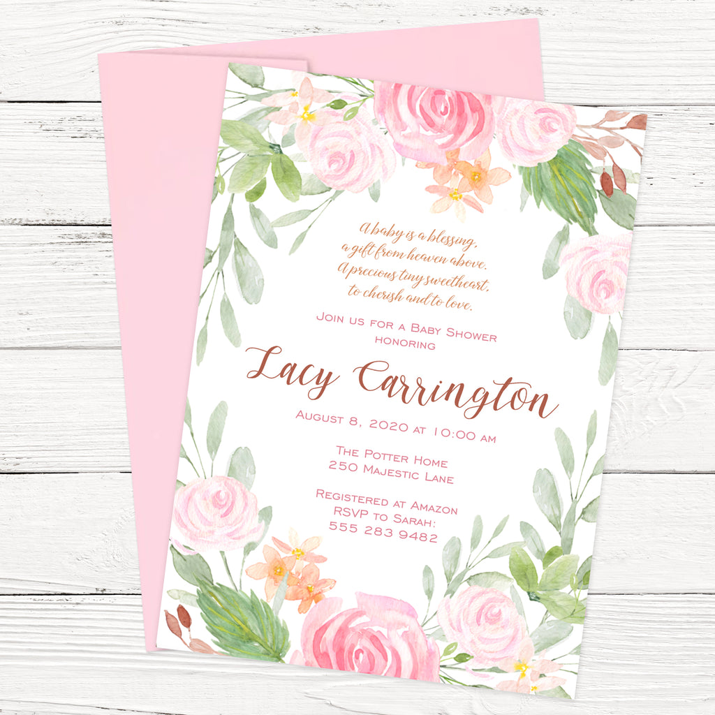 Blush Pink Floral Baby Shower Invitation