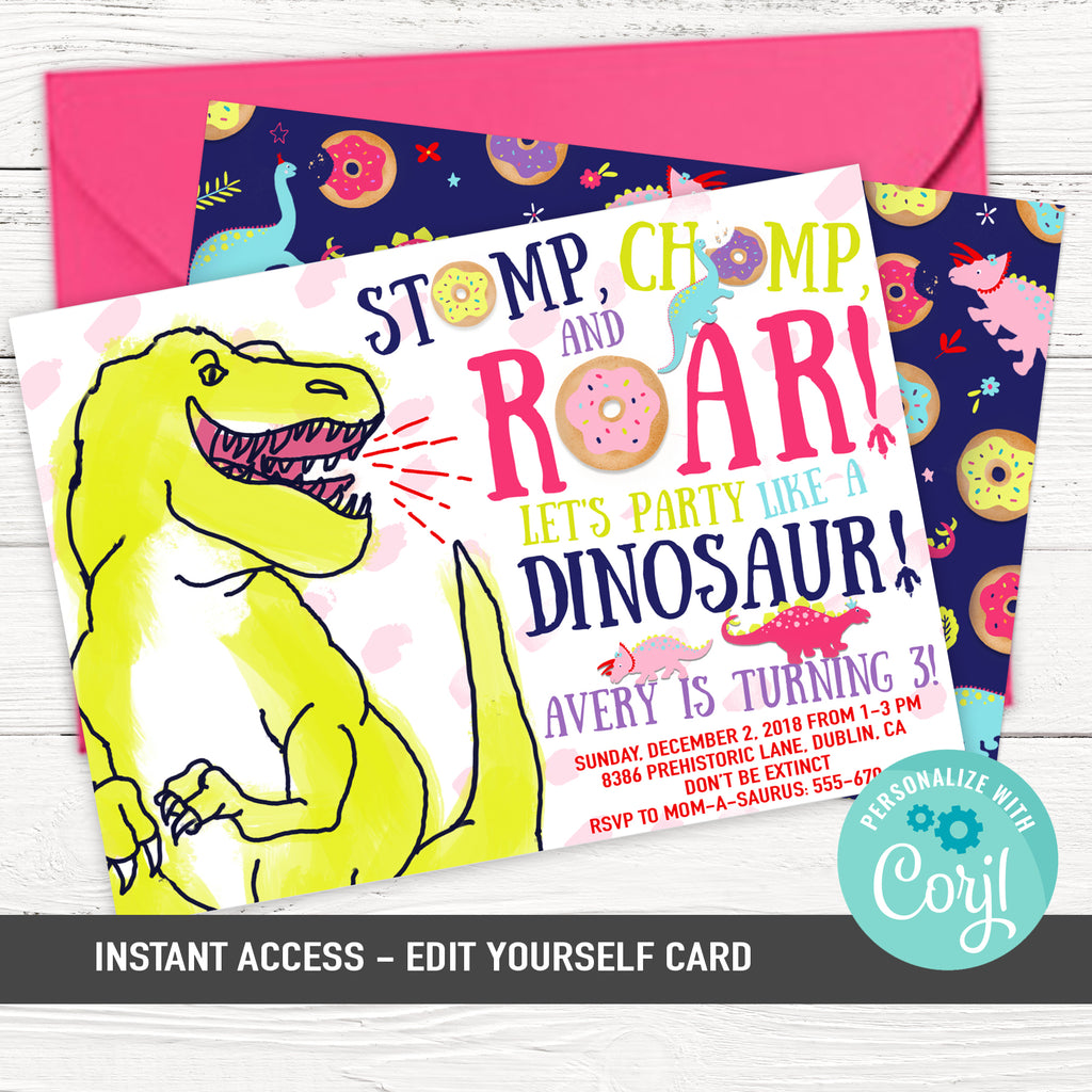 Girl Dinosaurs and Donuts Birthday Party Invitation