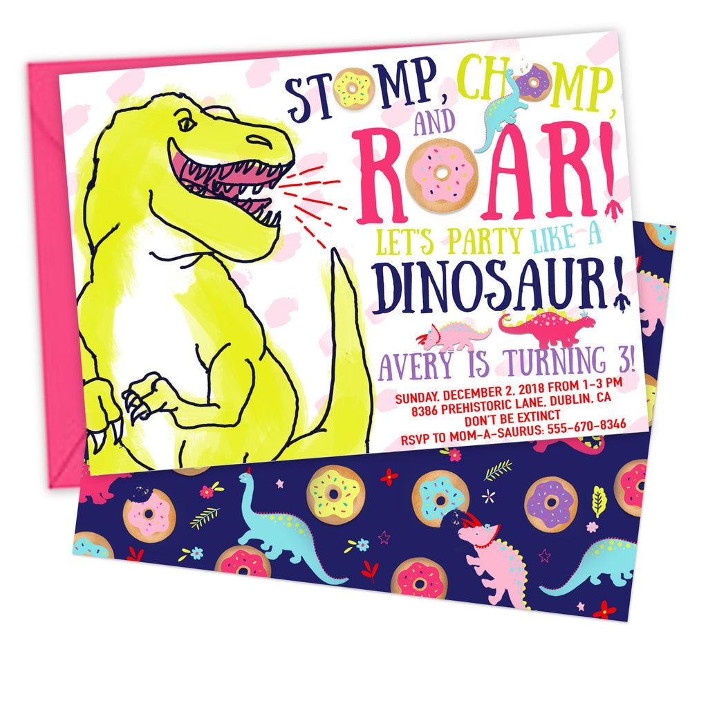 Girl Dinosaurs and Donuts Birthday Party Invitation