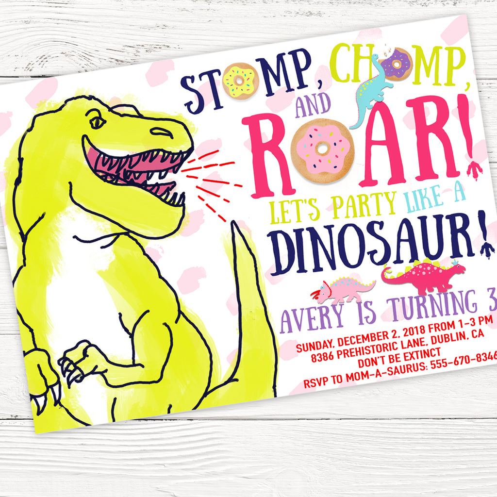 Girl Dinosaurs and Donuts Birthday Party Invitation