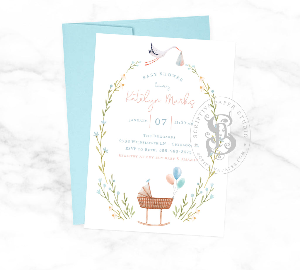 Stork Baby Shower Invitation Pink and Blue